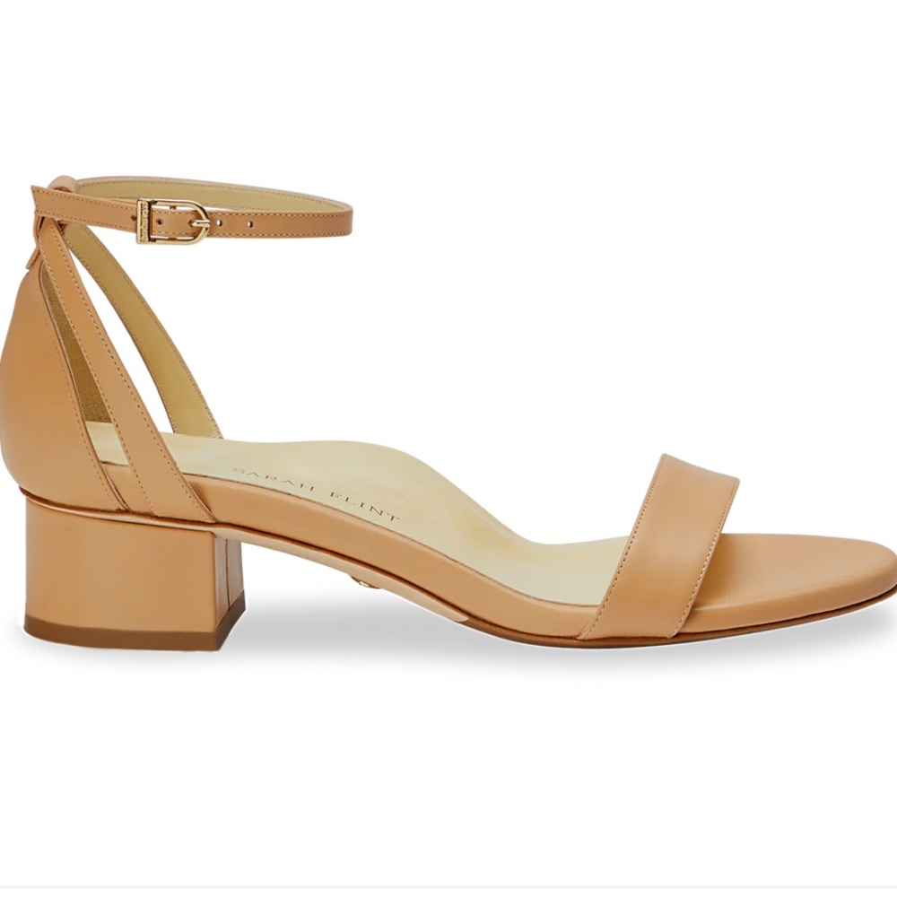 Sarah Flint Tan Heels with Ankle Strap Perfect Block 30